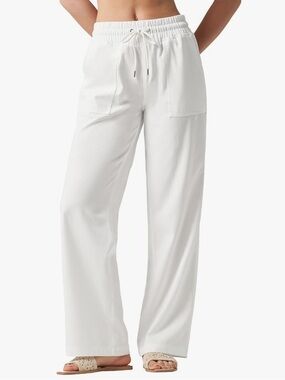 CHEERYAH Cotton/Linen Wide Leg White Drawstring Waist Beachy Coastal Pants,Large